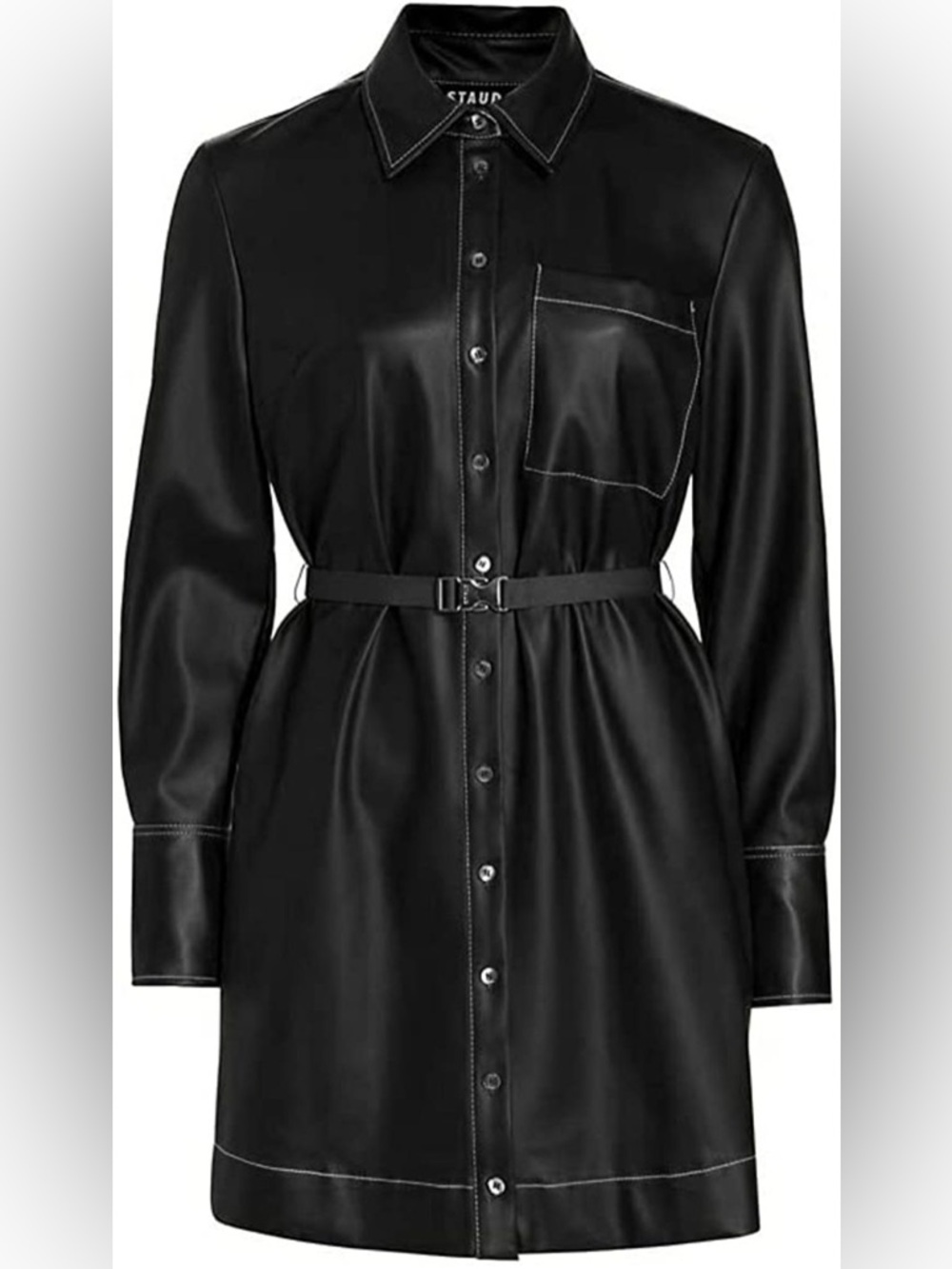 STAUD Black Long-Sleeve Belted Shirt Dress